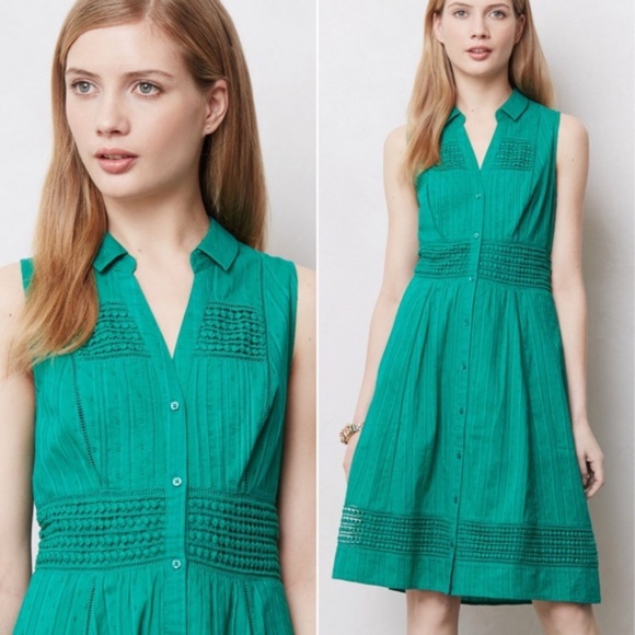 Anthropologie Dresses & Skirts - Anthro Maeve Swiss Dot Shirt Dress Green Pockets 6